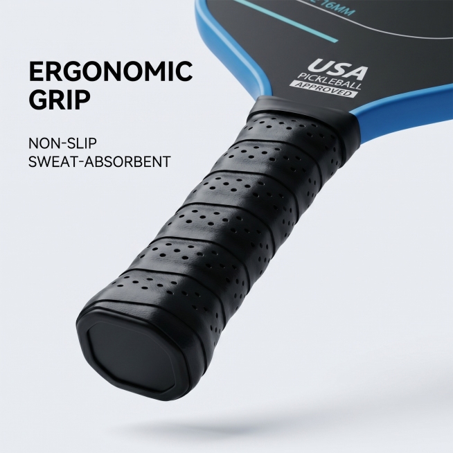 [主图 5] Pickleball Paddle handle detail close-up. [氛围风格] Ergonomic design display, highlight comforta预览效果
