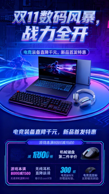 主标题：双 11 数码风暴，战力全开
副标题：电竞装备直降千元，新品首发特惠
文案信息：游戏本满 8000 减 1500，机械键盘第二件半价，无线耳机直降 300，电竞鼠标买即赠鼠标垫。高配置低价格，预览效果