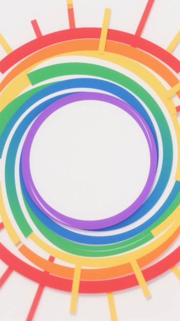 以明亮的白色为背景，中央是一个圆形的空白区域，周围环绕着从中心向外呈放射状排列的彩色线条，线条颜色采用渐变的彩虹色调，从中心向外依次为红、橙、黄、绿、蓝、靛、紫，线条粗细均匀，边缘平滑，整体风格呈现出清新、活泼、现代的设计感，没有文字和其他装饰元素，仅通过色彩和线条的组合营造出强烈的视觉冲击力和动态效果。预览效果