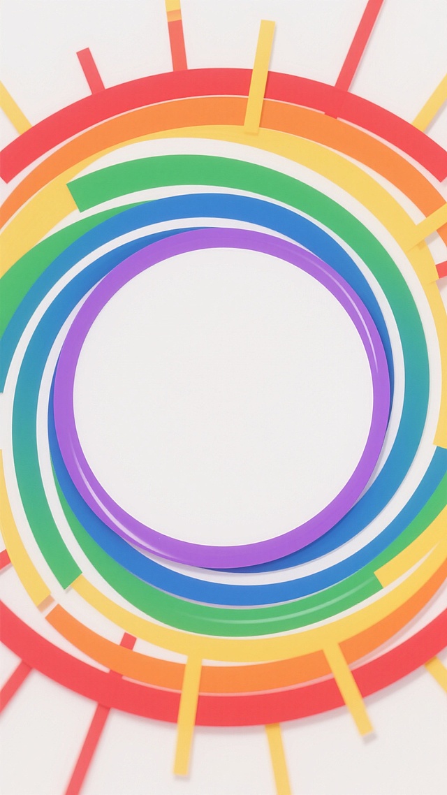 以明亮的白色为背景，中央是一个圆形的空白区域，周围环绕着从中心向外呈放射状排列的彩色线条，线条颜色采用渐变的彩虹色调，从中心向外依次为红、橙、黄、绿、蓝、靛、紫，线条粗细均匀，边缘平滑，整体风格呈现出清新、活泼、现代的设计感，没有文字和其他装饰元素，仅通过色彩和线条的组合营造出强烈的视觉冲击力和动态效果。