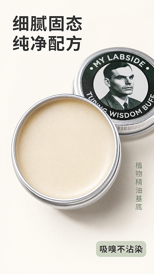 [第2屏] MY LABSIDE图灵智慧香膏膏体质地微距展示。
[氛围/风格] 温润质感特写，浅米暖调背景，微距商业摄影，高清质感突出膏体细腻。
[元素布局] 打开的香膏铁盒放置在画面中心，占据画面约70%区域，保持铁盒外观、包装文字、膏体颜色质地与输入产品图一致。放大展示膏体，突出细腻顺滑的固态膏体纹理，左上角添加主标题，右下角添加辅助说明文字，背景为纯净浅米白色，不抢主体。
[光影质感] 顶部柔光灯打亮膏体表面，突出膏体细腻哑光质感，铁盒边缘形成柔和高光，底部留浅投影，整体清晰通透。
[配色色系] 全局底色 #FAF8F0（浅米白）；主体配色：#D4D4D4（银盒）+ #F8F3DC（米白膏体）+ #3A5A40（包装深绿）；文字配色 #111111深灰。
[视角构图] 俯视微距特写，香膏占据画面中心，画面焦点落在膏体上，景深较浅突出膏体质地。
[文字版式] 左上角主标题「细腻固态 纯净配方」，深灰加粗，左对齐；右侧竖排小字「植物精油基底」浅绿；右下角标注「吸嗅不沾染」深灰标签，浅绿圆角底框，文字不遮挡膏体主体。
[比例分辨率] 9:16竖版比例，4K分辨率，文字清晰可辨，超高清。
[负向提示词] 膏体液化，膏体变形，铁盒包装文字错乱，颜色偏色，水印，背景杂乱，文字模糊。