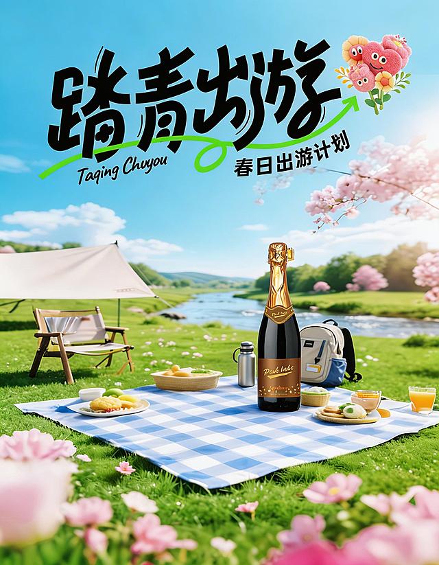 重新组合四张素材生成一张春日踏青出游海报：背景为春日野餐露营风景，蓝白格野餐布上摆放咖啡风味无酒精气泡酒饮料，保留气泡酒瓶的清晰质感，前景添加踏青出游艺术字标题，调整构图让元素布局更协调美观，整体清新自然有设计感，颜色明快协调，春日氛围感拉满
