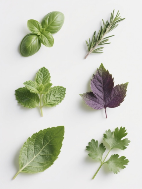 一组6个完全不同的草本植物叶子元素，每个叶子都保持与原图相同的高写实摄影风格，清晰展示叶片的纹理、脉络和自然形态，使用纯白色背景，所有元素大小统一、规整排布，形成系列素材集合，包括罗勒叶、迷迭香叶、薄荷叶、紫苏叶、香茅叶和香菜叶，每个叶子都有自然的光影效果和细腻的绿色渐变，保持一致的视觉质感和专业摄影水准。预览效果