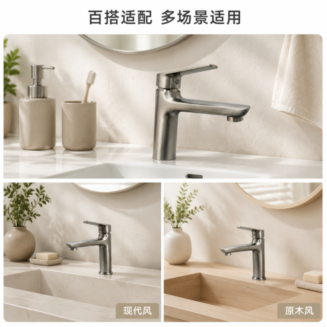 [主图-4] 乔驰单孔冷热龙头多场景适配展示图。[氛围风格] 生活化家装氛围感，百搭适配。[画质] 商业摄影质感、光线柔和通透、产品清晰真实、画面干净高级。[元素] 采用1+2宫格版式，上方主图展示龙预览效果