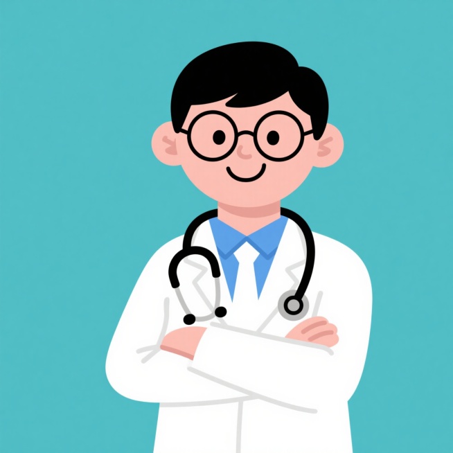 卡通风格医生形象，正面视角，男性，黑色短发，戴着圆形眼镜，面带微笑，身穿白色医生大褂，内搭蓝色衬衫和白色领带，脖子上挂着黑色听诊器，双臂交叉胸前，线条简洁流畅，色彩明快，以白色为主体，蓝色点缀，扁平化设计，无背景，整体风格友好亲切，充满职业感。预览效果