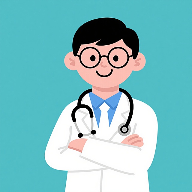 卡通风格医生形象，正面视角，男性，黑色短发，戴着圆形眼镜，面带微笑，身穿白色医生大褂，内搭蓝色衬衫和白色领带，脖子上挂着黑色听诊器，双臂交叉胸前，线条简洁流畅，色彩明快，以白色为主体，蓝色点缀，扁平化设计，无背景，整体风格友好亲切，充满职业感。