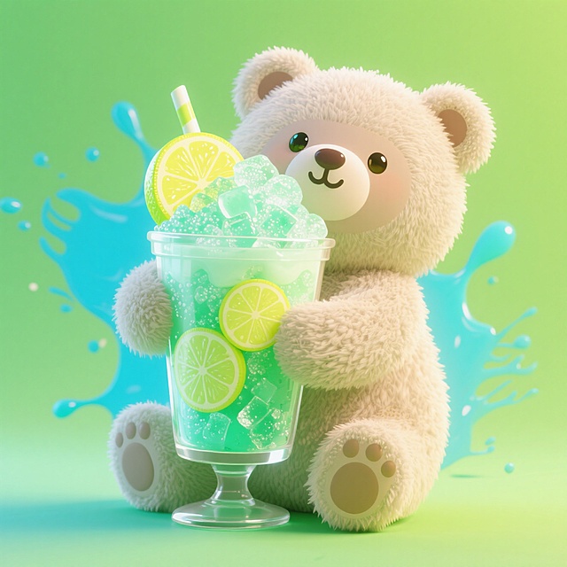 清凉小熊环抱巨型柠檬冰沙杯，薄荷绿与冰蓝色泼溅笔触背景