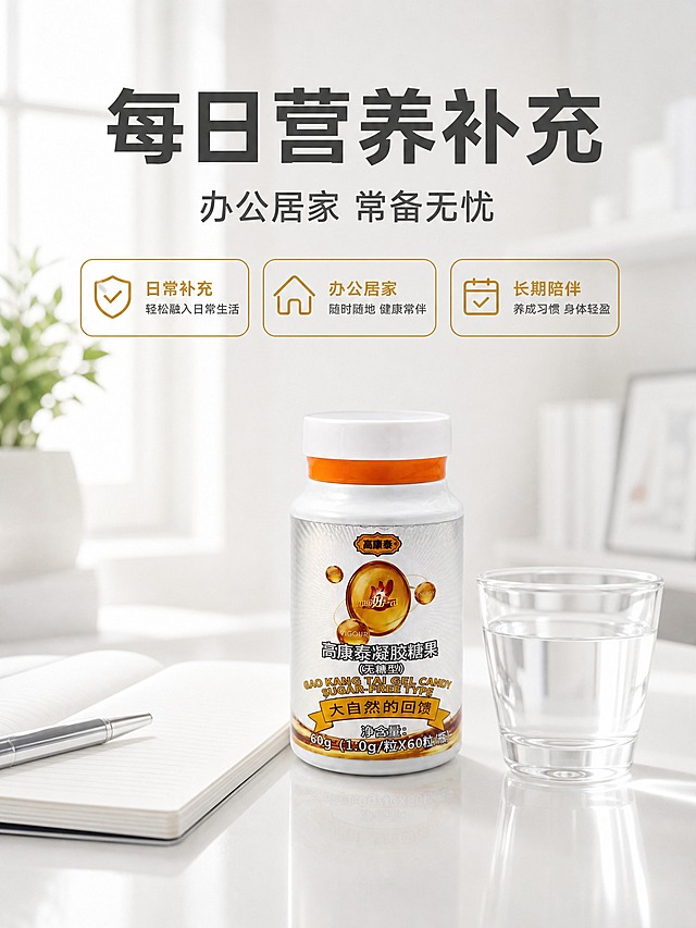 [主图-4] 日常补充场景展示 办公居家适用 白色整洁风格 3:4竖版比例
[统一基调] 整体风格为白色整洁干净通透的保健食品商业摄影风 背景以纯白色和浅灰色渐变为主 标题字色为深灰色 辅助字色为中灰色 强调色为金色 字体为现代无衬线粗体 字号层级分明 卡片和图标采用圆角细线样式 整体高端简约
[画面] 产品瓶子放置在简约的白色桌面场景中 位于画面中下部 旁边有一杯清水和一本打开的笔记本 背景是模糊的白色室内环境 有柔和的自然光从窗户照入 产品占比约35% 桌面有轻微的反射 整体营造出日常健康补充的生活场景感 画面上方留出标题空间 画面干净整洁 不杂乱
[光影质感] 自然柔光质感 模拟窗边自然光 光线从左侧照入 产品有柔和的阴影 桌面有自然的反光 整体氛围温馨舒适 干净明亮
[配色] 主背景白色和浅米色 桌面白色 产品本身配色不变 水杯透明 笔记本浅灰色 整体色调统一干净
[文字版式] 画面上方主标题 每日营养补充 副标题 办公居家 常备无忧 主标题粗体深灰色大字号 副标题中灰色小字号 文字放在顶部负空间 不遮挡产品主体 文字横排
[输出要求] 比例3:4 竖版构图 文字清晰可读 产品清晰完整不变形 无错字 无水印 无平台Logo 场景自然真实 禁止人物面部 禁止医疗功效暗示 禁止病症前后对比