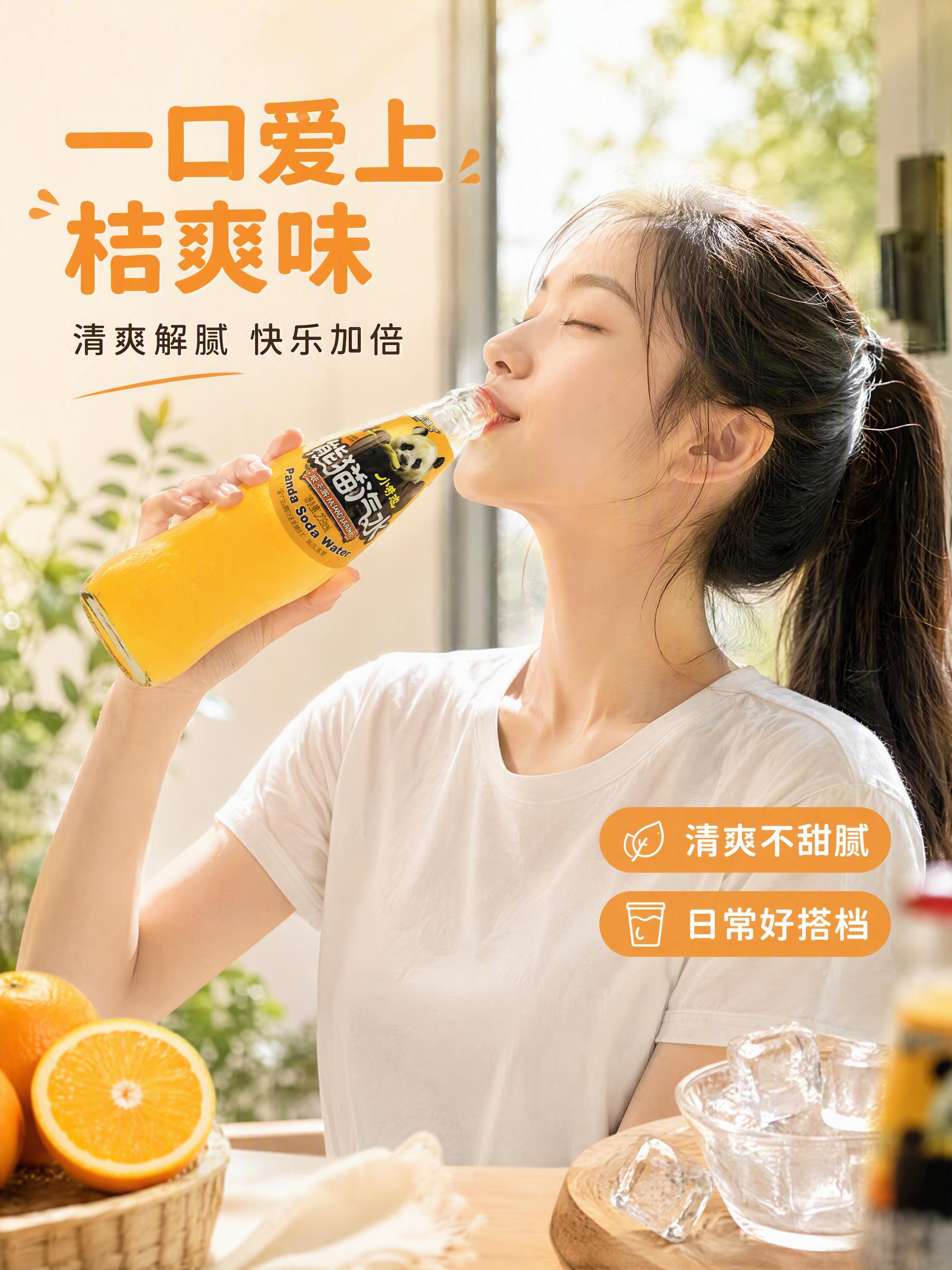 [第5张] 详情页模特展示-年轻女生饮用汽水。本张使用【图1】… - 图片创意预览