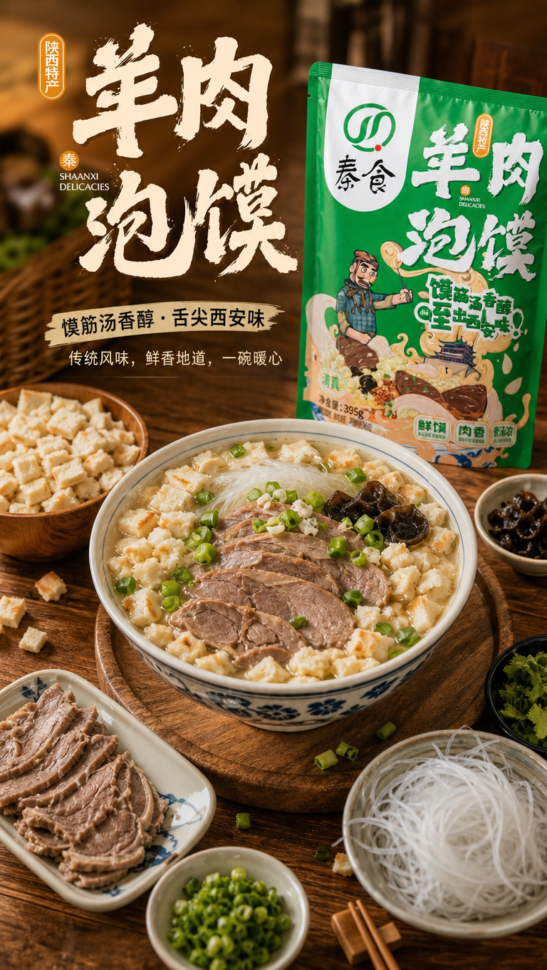 食材展示图，9:16竖版。一碗羊肉泡馍放在中间，周围摆着馍粒、… - 图片创意预览