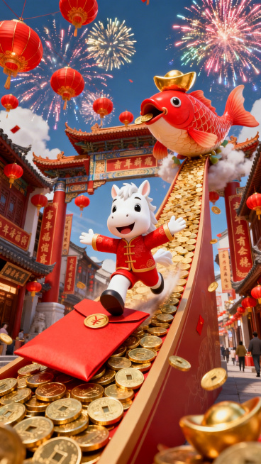 中国新年主题的3D卡通渲染插画，中国互联网广告风格。画面中央，一只穿着红色唐装的白色卡通白马，脚踩一个大红包，沿着一条由金币铺成的坡道向上滑行，它面带微笑，张开双臂，姿态充满活力。坡道尽头是一条巨大的预览效果