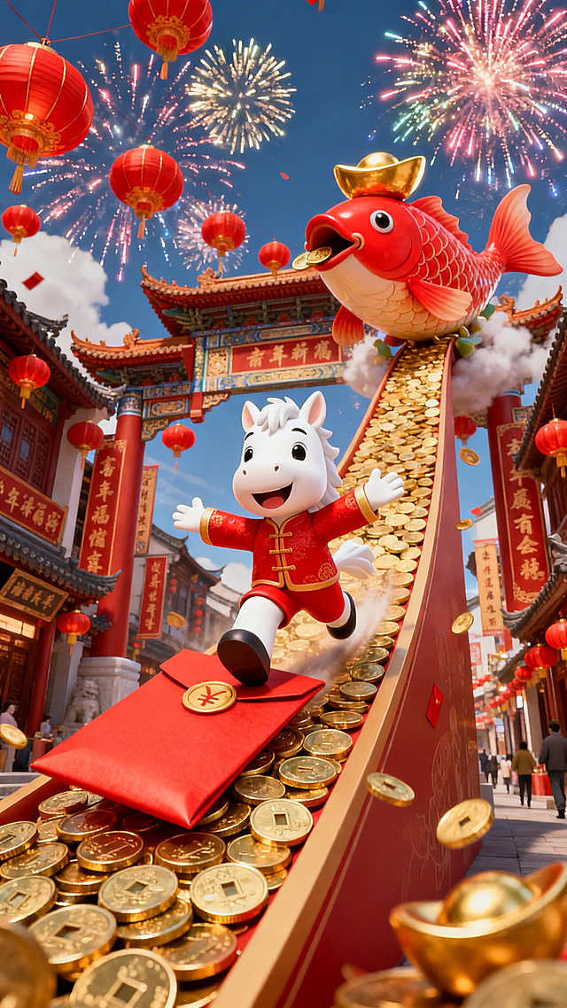 国潮风与软3D结合，拟人小马踩红包跃上金币滑道，金鱼吐钱、烟花绽放，喜庆梦幻，粒子光效点缀，春节氛围浓厚。