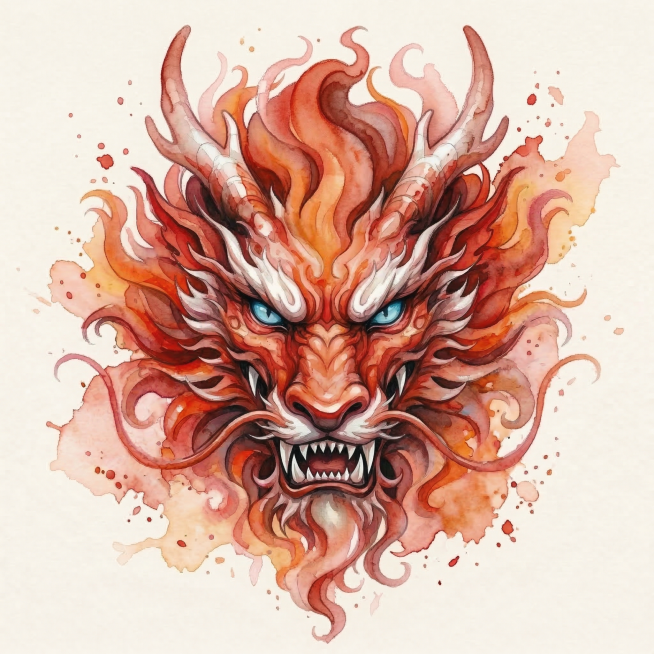 保持龙头凶狠的神态，减弱写实感，加强水彩晕染效果，边缘带有自然的水痕晕开、色彩渗透的质感，保留红白色调与浅米色背景，水彩泼墨感更明显预览效果