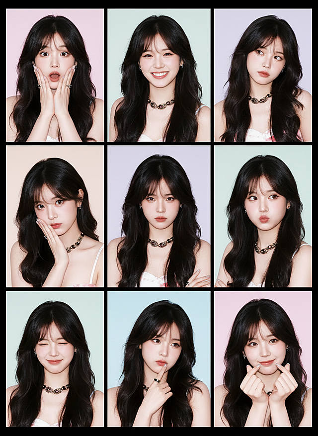 保持人物主体不变，创作一组写实风格表情包，包含表情不同、姿势不同的九宫格表情包