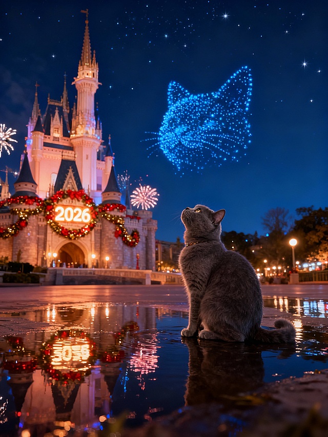 前景：参考图上的动物，蹲坐的姿势，毛发蓬松柔软，仰头望向天空，姿态优雅；
中景：2026跨年夜城堡场景，夜晚深蓝色天幕下，城堡外墙装饰红金新年花环有“2026”发光牌，城堡前的地面有积水（清晰倒映城堡灯光与烟花），整体基调为暖色；由蓝色粒子组成的参照图中的动物头部，占据上空中间四分之三的位置，造型生动梦幻；
背景：深邃夜空，点缀以星星点点的星光；
