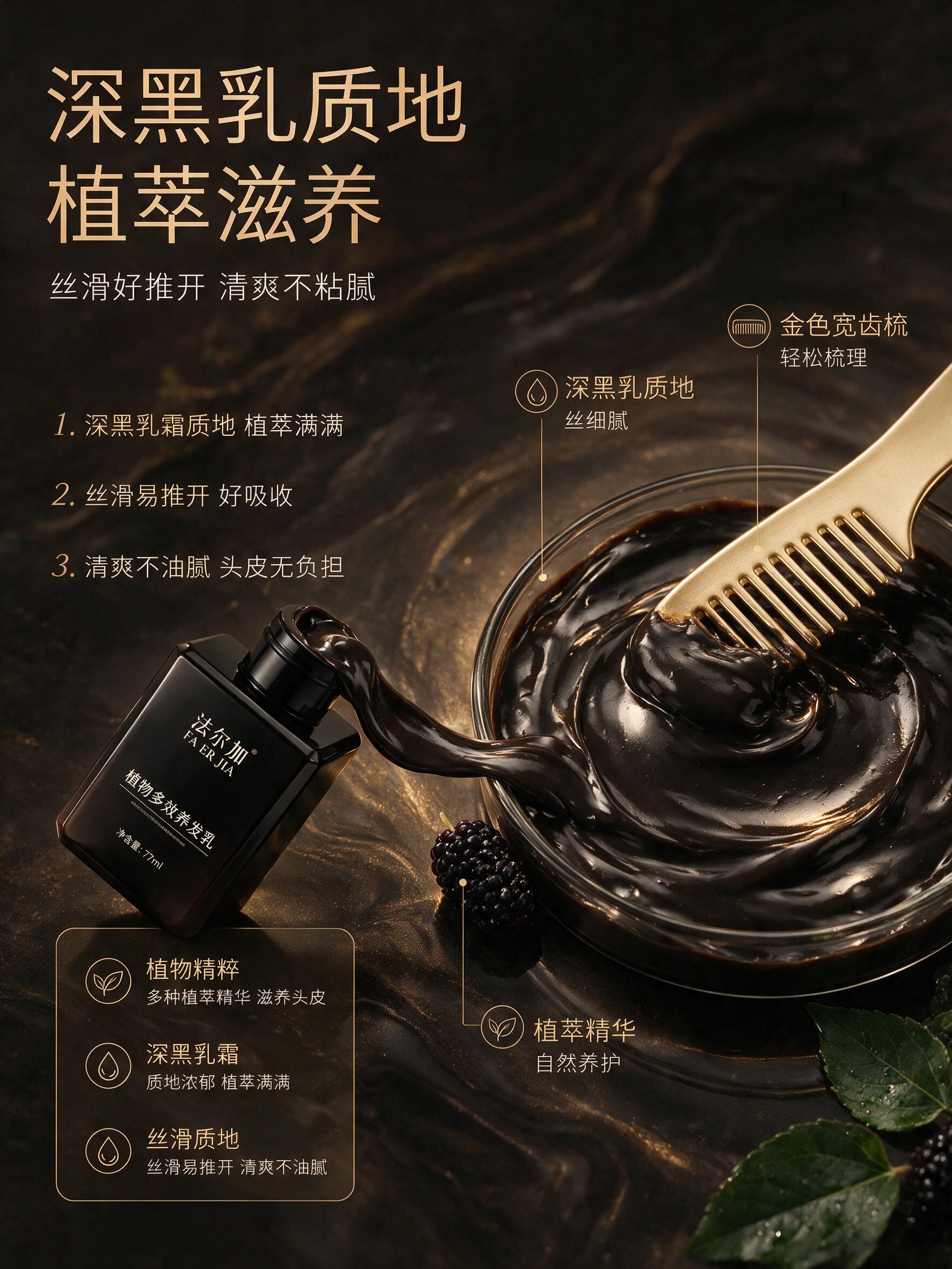 [商品] 法尔加植物多效养发乳，黑色方形亮面柱体瓶身，黑色方形… - 图片创意预览