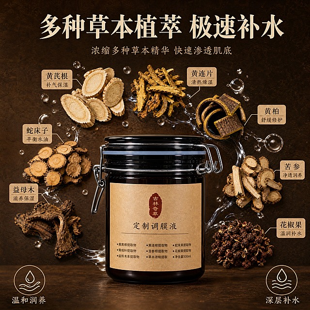 [主图-2] 核心功效成分解析，展示多种草本成分与极速补水功效，强化中药草本专业背书。
[统一基调] 整体风格为棕色中药风，深棕与暖棕渐变背景，搭配牛皮纸质感与草本药材元素，主标题字色为米白色，辅助字色为浅棕色，强调色为朱砂红，字体为干净有质感的宋体，字号层级分明，卡片采用牛皮纸纹理圆角样式，整体氛围古朴专业、天然草本。
[画面] 产品罐放置在画面下方居中，占画面约40%，深棕色玻璃卡扣罐完整展示。画面上方和两侧环绕多种真实草本药材原料，包括黄芪根、黄连片、黄柏、苦参、蛇床子、花椒果等，每种药材用细线引线标注名称，共6-8种不同草本，错落有致排列。药材之间有淡淡的水润光效和透明水滴元素，象征补水功效。背景为深棕色渐变，带有淡淡的中药研磨纹理。
[光影质感] 商业摄影质感，柔和顶光，药材细节纹理清晰可见，产品罐有自然光泽，水润元素通透有光感，整体光影温暖专业。
[配色] 主色调为深棕色、暖棕色、牛皮纸色，点缀朱砂红标签和水润淡蓝色光效，草本本身的自然色作为丰富层次。
[文字版式] 画面上方主标题大字"多种草本植萃 极速补水"，米白色宋体粗体。主标题下方辅助文案"浓缩多种草本精华 快速渗透肌底"，浅棕色小号字体。每种药材引线末端有小标签标注药材名称，牛皮纸底深棕色字。左下角小图标+文字"温和润养"，右下角小图标+文字"深层补水"。
[输出要求] 比例1:1，文字清晰可读，产品清晰完整，无变形，无错字，画面干净不杂乱，无水印，无平台logo。