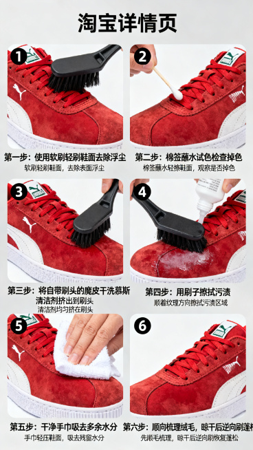电商详情页图文使用步骤图，展示红色彪马翻毛鞋清洁流程：1.使用软刷轻刷鞋面去除浮尘；2.棉签蘸水试色检查掉色；3.将自带刷头的麂皮干洗慕斯清洁剂挤出到刷头；4.用刷子擦拭污渍；5.干净手巾吸去多余水分预览效果