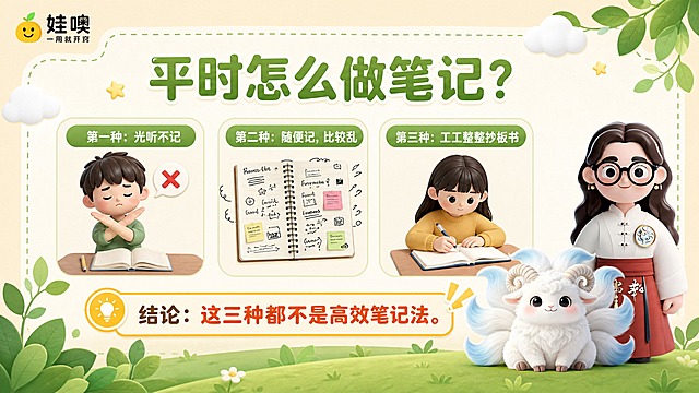 A4横版儿童教育PPT页面，清新杏色和绿色可爱风格，与之前模板风格完全一致：浅杏色背景，绿色叶子装饰，白色云朵，黄色星星点缀，圆角虚线边框。左上角有"娃噢 一用就开窍"品牌logo。页面大标题为"平时怎么做笔记？"，绿色粗体大字。中间展示三种笔记方式，用三个圆角卡片横向排列：第一种：光听不记（配摇头叉号图标）；第二种：随便记，比较乱（配杂乱笔记图标）；第三种：工工整整抄板书（配抄写图标）。底部有结论区域，用醒目的方式呈现：结论：这三种都不是高效笔记法。页面右下角放置穿白色中式盘扣上衣红色裙子戴黑框眼镜棕色长卷发的3D卡通女老师（与参考图1完全一致）和白色九尾羊有螺旋羊角尾巴尖带淡蓝色的毛绒神兽形象（与参考图2完全一致），形象准确不变。底部有绿色草地和叶子装饰。整体风格清新可爱，A4横向比例