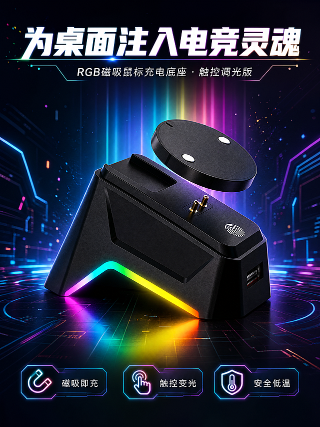 [商品] 使用【图4】黑色磁吸鼠标充电底座；保留底座梯形结构、顶部双镀金充电触点、圆形磁吸充电模块悬浮于上方、指纹触控图标、侧面USB接口、底部V形RGB灯带、黑色磨砂材质；商品处理：增强金属触点光泽、RGB灯带发光质感、外壳磨砂细腻纹理，不改变结构和比例。
[画面] 目标：详情第1张-硬核头图，建立产品第一印象，传递电竞科技感。构图：底座斜45度角展示，位于画面中下部，RGB灯带发出强烈彩虹渐变光，向上投射彩色光柱，背景为深色科技空间，有发光几何线条、粒子光效、数据流动感。主体占画面55%，顶部留标题区，底部留卖点区。
[视觉] 套系策略：风格=深色科技电竞风3D商业渲染；标题字=粗黑体无衬线；正文字=现代无衬线体；主色=深空黑；背景延展=基于深空黑做深蓝紫渐变、霓虹光带、粒子光斑和几何线条；强调色=RGB彩虹渐变（青/粉/黄/紫），仅用于灯带、光效、图标点缀和标题高光；标题色=纯白+霓虹渐变描边；正文色=浅灰白；组件=圆角深色半透明信息卡、霓虹发光引线、发光图标；光影=顶部柔光+底部RGB灯带自发光+轮廓光+环境霓虹反射。
[文字] 顶部大标题"为桌面注入电竞灵魂"，副标题"RGB磁吸鼠标充电底座 · 触控调光版"，底部横向排列3个核心卖点图标+文字："磁吸即充"、"触控变光"、"安全低温"。文字不遮挡底座主体和灯带。
[规格] 图片比例3:4竖版，4K，负向提示：避免变形、错字、文字过小、结构缺失、颜色改变、白底、模糊、材质失真。