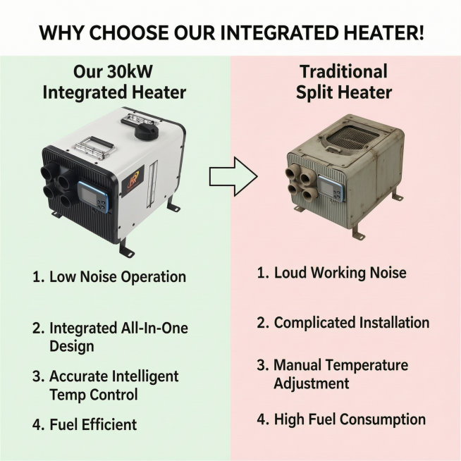 [第2屏] 本屏功能定义：30kw Parking Water Heater - pain point comparison page.
[氛围/风格] clear contrast layout,预览效果