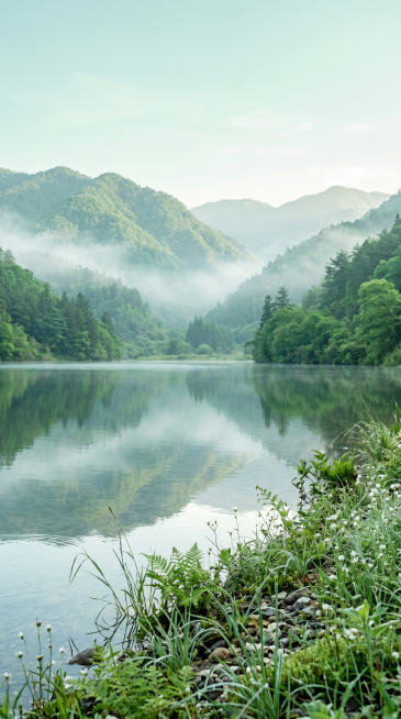 9:16 手机锁屏壁纸，8K 超清，细腻青山绿水湖泊，山间薄雾清晨柔光，低饱和薄荷绿清新色调，柔和胶片颗粒，浅景深近实远虚，柔和柔光雾感，通透护眼，干净治愈风景，无杂物
负面词：模糊、发黑、艳色、人物预览效果
