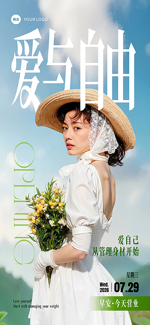 早安你好今日营业美业医美美容行业正能量人物写真全屏竖版海报