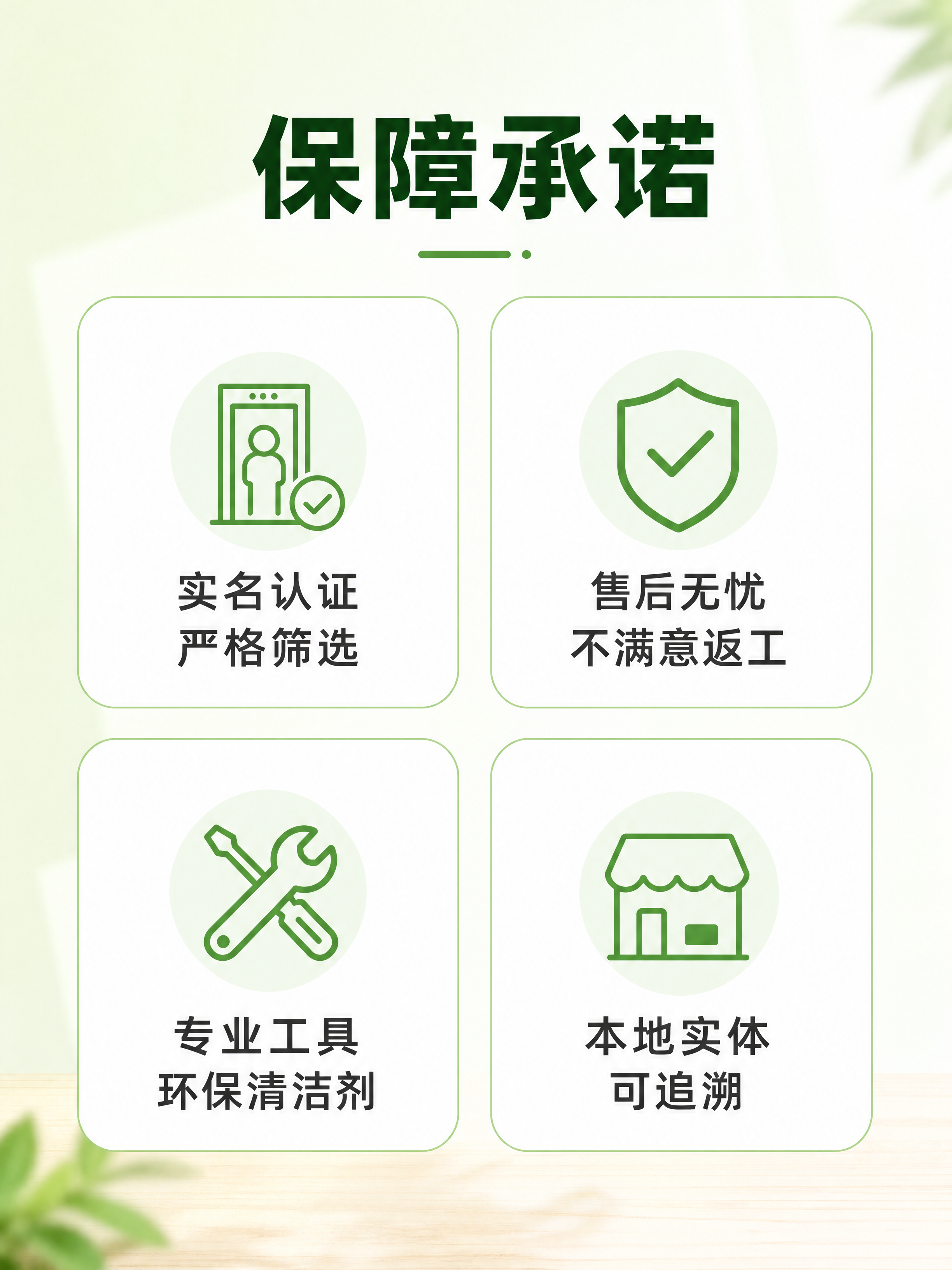 [画面] 3:4竖版电商详情页保障承诺页：浅绿色渐变背景，页面… - 图片创意预览