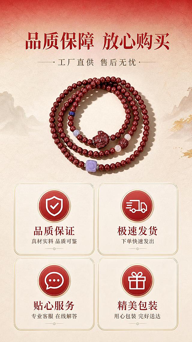 [主图-16] 品质保障与服务承诺图，展示购买保障和售后服务，增强购买信心。
[统一基调] 高级红白渐变色调背景，从朱砂红到米白色的柔和渐变，背景带细腻纸质感肌理，哑光高级质感；整体风格统一为国风雅致高级感；字体使用文艺衬线体，主标题字色为深朱砂红，辅助文字为暖棕色，强调色为正红色；卡片与图标采用细金线描边+半透明米白底的精致样式。
[画面] 画面上半部分展示手串完整双圈静物，居中摆放，温润有光泽；画面下半部分是四个服务保障图标卡片，两列两行排列，每个卡片配图标+标题+简短说明；手串展示占画面约40%。
[光影质感] 商业珠宝摄影质感，柔光均匀打亮手串，珠子圆润有光泽，貔貅和配珠细节清晰；服务卡片区域光影统一，图标清晰；整体画面干净有信任感。
[配色] 背景为朱砂红到米白的高级渐变，带纸质感肌理；卡片为半透明米白底+细金线边框；图标为深朱砂红色圆形底+白色图案；文字为深朱砂红标题+暖棕说明文字。
[文字版式] 画面顶部主标题「品质保障 放心购买」，深朱砂红色大字体；副标题「工厂直供 售后无忧」，暖棕色；四个服务保障：1.「品质保证」配对勾盾牌图标，说明「真材实料 品质可鉴」；2.「极速发货」配快递车图标，说明「下单快速发出」；3.「贴心服务」客服气泡图标，说明「专业客服 在线解答」；4.「精美包装」配礼盒图标，说明「用心包装 完好送达」；文字清晰有信任感。
[输出要求] 比例9:16，2K分辨率，文字清晰可读，产品清晰不变形，无错字，无水印，无平台Logo；负向：产品变形、卡片杂乱、文字模糊、错字、水印、虚假承诺。