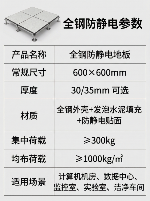 全钢防静电地板规格参数详情图，3:4比例，简约专业风格，浅灰色背景。清晰整理完整参数表格：产品名称、常规尺寸600×600mm、厚度30/35mm可选、材质全钢发泡水泥填充+防静电贴面、集中荷载≥30预览效果