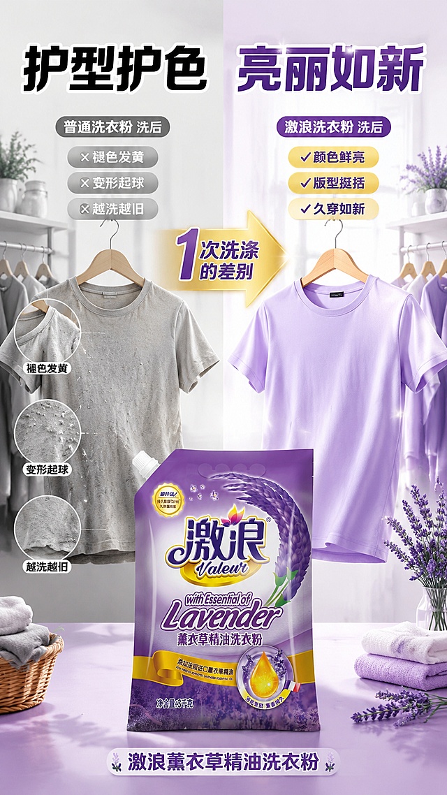 [第4屏] 护型护色效果页-激浪薰衣草精油洗衣粉衣物亮丽如新对比。本屏使用【图1】正面包装作为商品主体。
[氛围/风格] 明亮清新，前后对比直观，家居洗衣场景感，商业摄影质感。
[元素布局] 画面左右分栏对比：左侧灰色调展示旧衣物（褪色、发暗、变形的T恤），右侧明亮色调展示使用后鲜亮如新的同款衣物；中间用金色箭头分隔；底部中央放置洗衣粉袋，占比约35%；背景为柔和的洗衣房场景，晾衣架、衣物元素点缀。
[光影质感] 右侧明亮自然光，左侧偏暗调，形成鲜明对比，产品底部自然投影。
[配色色系] 全局底色 #F0E6FA 浅紫；左侧灰调，右侧鲜亮彩色；主色紫色+金黄，辅助色白、浅蓝。
[视角构图] 左右对比结构，底部产品居中，阅读动线从左到右再向下。
[文字版式] 顶部大标题「护型护色 亮丽如新」黑体加粗；左侧上方小字「普通洗衣粉 洗后」配「褪色发黄」「变形起球」「越洗越旧」标签；右侧上方小字「激浪洗衣粉 洗后」配「颜色鲜亮」「版型挺括」「久穿如新」金色标签；中间箭头标注「1次洗涤的差别」；底部产品旁标注「激浪薰衣草精油洗衣粉」。
[比例分辨率] 9:16竖版比例，4K分辨率，文字清晰可辨，高清画质。
[负向提示词] 产品变形，文字错乱，颜色偏差，水印，文字过小，夸张虚假对比。