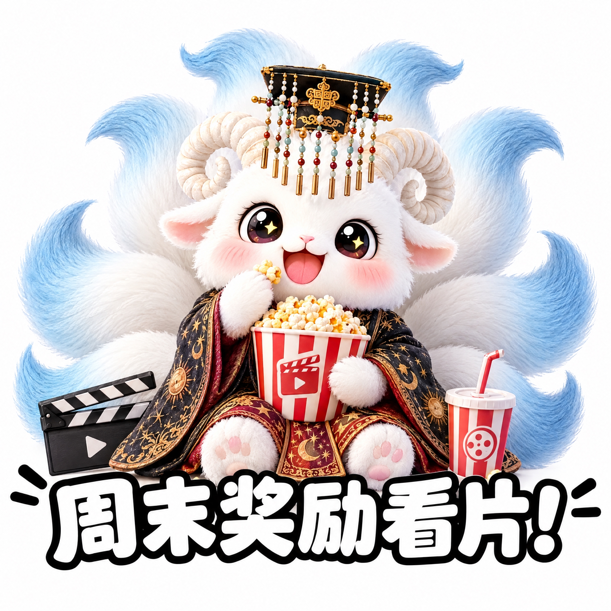 参考图中的白色九尾羊神兽（穿星象汉服、戴冕旒冠），做成可爱表情… - 图片创意预览