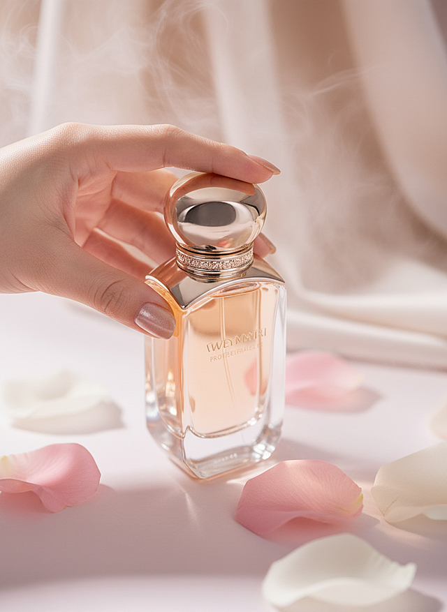 产品宣传图，一只纤细白皙的手从镜头伸入，精致的裸色美甲，手握着产品，背景有丝绸和水雾，背景是柔和的米白色，四周散落着一些花瓣。近景构图，饱和度高，前景虚化