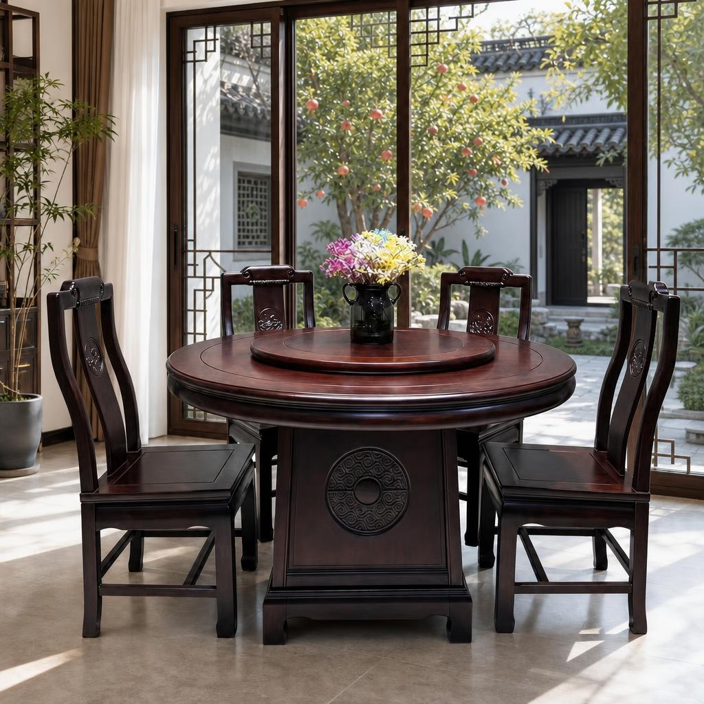 保持图中这套新中式深红木色圆形餐桌椅（带转盘、雕花装饰、桌上黑… - 图片创意预览