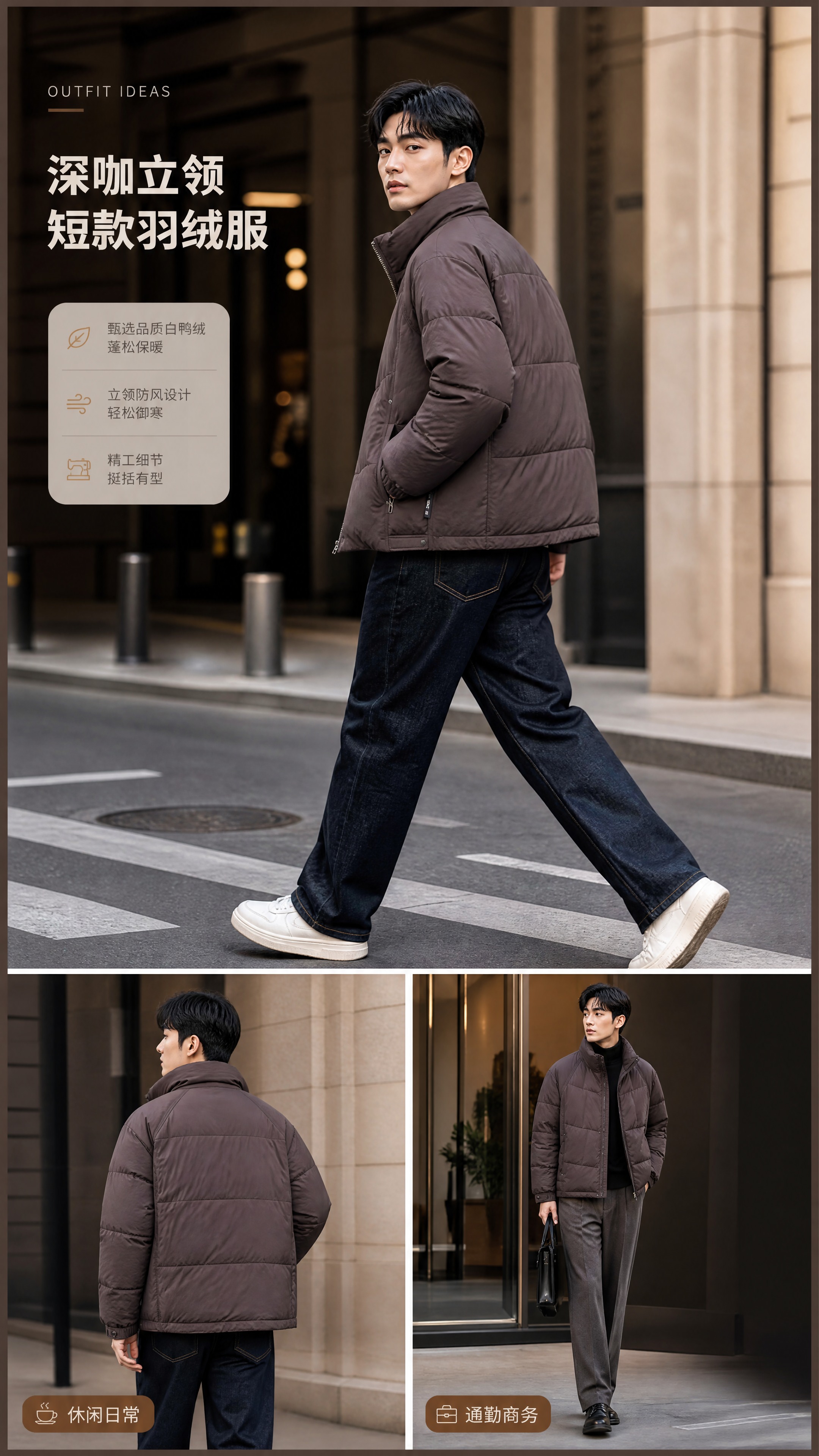 [商品] 使用【图1】深咖色男士立领短款羽绒服；商品处理：保留… - 图片创意预览