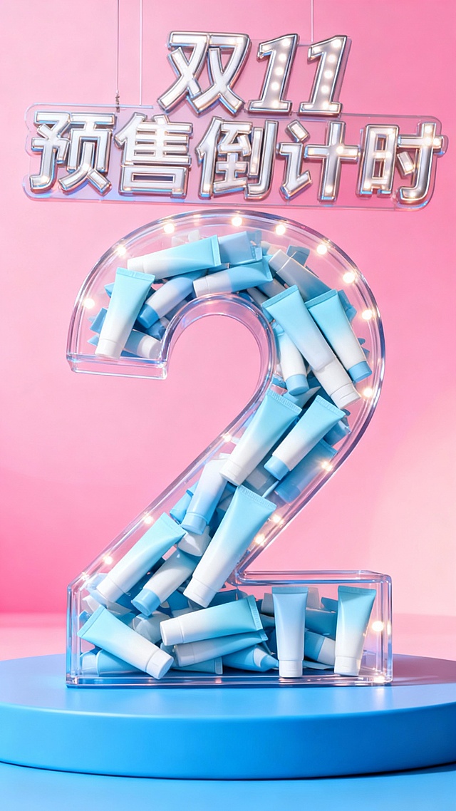 将图中的商品裂变出无数个（商品比例外观一致），通过旋转堆叠的方式填充到“2”数字形状的透明容器中，透明容器被商品填满不留一丝空隙。“2”立在蓝色展台上，背景是粉色渐变促销氛围，灯光装饰容器，画面上方为金属时尚大字灯牌“双11 预售倒计时”。