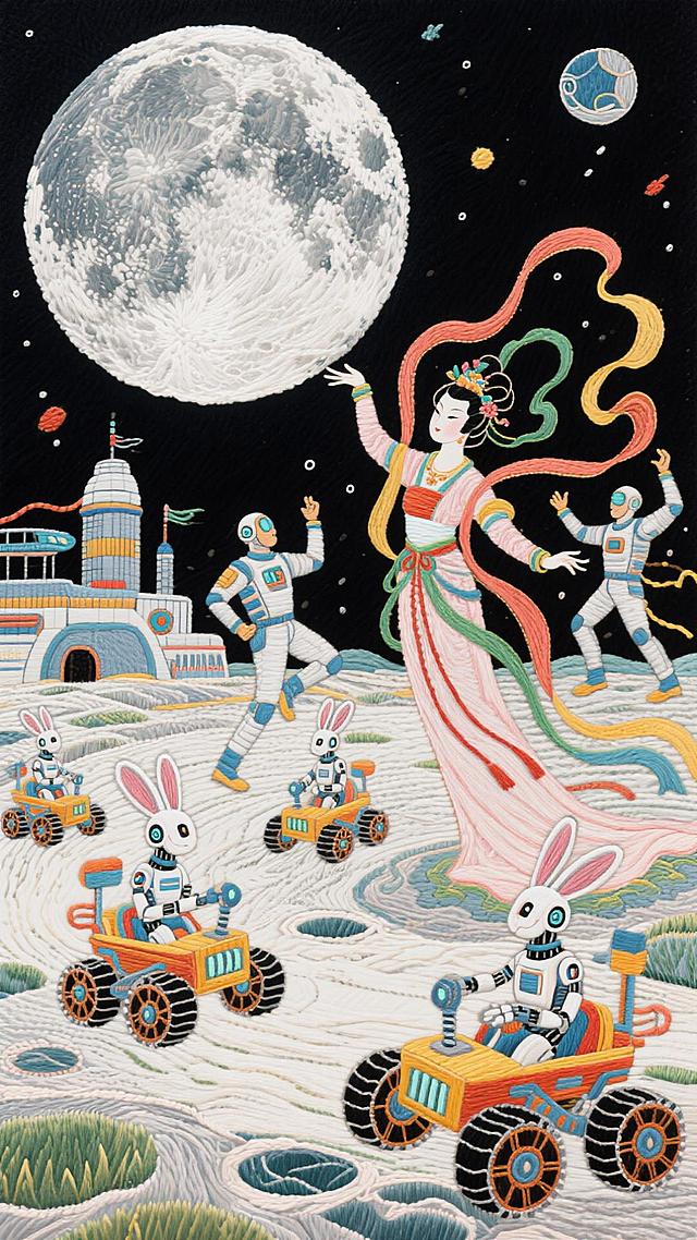 国潮风插画，嫦娥舞动彩带于月球表面，机器人玉兔驾驶越野车，宇航员相伴，融合未来感与梦幻感，刺绣质感呈现科技与传统交织的趣味中秋场景。