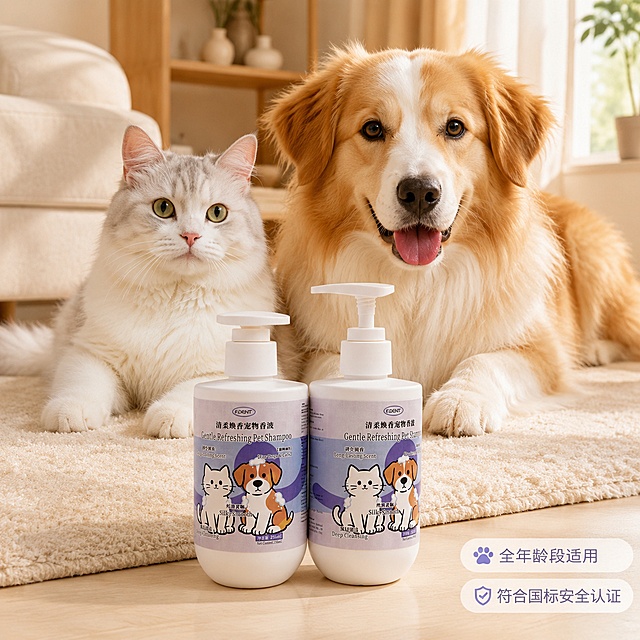 F.DENT清柔焕香宠物香波
F.DENT Gentle Refreshing Pet Shampoo

深层清洁｜丝滑柔顺｜持久留香
Deep Cleansing | Silky Smooth | Long-Lasting Scent
猫狗通用
For Dogs & Cats
  
产品功效 Product Efficacy
温和洁净毛发污垢与异味，添加柔顺护理因子，抚平毛躁、减少打结，令毛发蓬松顺滑；高级香氛体系，留香持久，给爱宠沙龙级洗护体验。 
Gently cleanses dirt and odor from pet fur. Enriched with smoothing care factors, it tames frizzy fur, reduces tangling, and leaves the fur fluffy and sleek. Featuring a premium fragrance system with long-lasting scent, it brings a salon-level grooming experience for your beloved pet.

主要成分： 
Key Ingredients
植物提取物、月桂酰硫酸酯钠、椰油酰胺丙基甜菜碱、甘油、水解角蛋白、泛醇、植物香氛、防腐剂（符合国标）
Plant extracts, Sodium Lauroyl Sulfate, Cocamidopropyl Betaine, Glycerin, Hydrolyzed Keratin, Panthenol, Plant Fragrance, Preservatives (Compliant with National Standards)
 
适用对象：
犬猫通用，全年龄段适用
 For Dogs & Cats | All Ages

使用方法 Directions for Use
1. 用温水将爱宠毛发完全打湿 
Wet your pet's fur thoroughly with warm water.
2. 取适量浴液均匀涂抹，轻柔按摩起泡 
Apply an appropriate amount of shampoo and massage gently to create lather.
3. 重点清洁腋下、四肢、尾部等部位 
Focus on cleaning underarms, limbs, tail and other key areas.
4. 用清水彻底冲洗干净，擦干吹干即可
Rinse thoroughly with clean water, then dry the fur completely.「图片1」「图片1」「图片1」「图片1」「图片1」「图片1」