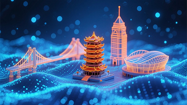 未来感3D城市，科技与传统融合，霓虹灯风虚拟现实，展现现代都市魅力。