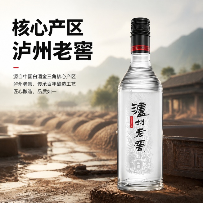 [主图-2] 泸州老窖产地溯源核心亮点主图。保持每瓶酒外观与输入图完全一致，瓶身文字图案不变。一瓶放大放在右侧，背景融入四川泸州白酒产区窖池场景，自然虚化突出产品。叠加文字核心产区 泸州老窖，大字放在预览效果
