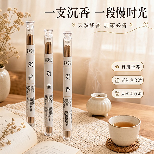 [主图-1] 微信小店首图，沉香线香温馨生活场景英雄图，社交种草感。
[统一基调] 新中式治愈风，温馨有温度，适合私域分享；背景主色为奶杏色+浅木暖调，标题字色深咖棕，辅助字色暖棕灰，强调色为焦糖金；字体为柔和宋体搭配手写体点缀，字号层级分明，卡片采用圆角浅棕描边，整体文字占比约25%，亲切不生硬。
[画面] 暖调居家书桌一角，三支透明玻璃管装沉香线香错落摆放在米白色针织餐垫上，旁边搭配一只奶白色小香炉正飘出一缕轻烟、一杯温热清茶、一本翻开的散文书和一小束干花，营造慵懒治愈的午后时光；背景为虚化的米白色窗帘与温柔自然光，整体氛围像朋友圈分享的美好生活一角。产品外观与输入图完全一致：透明玻璃管、白色标签竖排"沉香"二字、标签上方"香承古韵 聚守清宁"小字，管内浅棕色线香清晰可见。
[光影质感] 午后窗边柔光，暖色调，光线柔和弥散，阴影浅淡，玻璃管有温润反光，整体像手机实拍的生活感美照，温暖治愈。
[配色] 奶杏色+浅木色+米白为主，焦糖金点缀，文字深咖棕，整体低饱和暖调，温柔不刺眼。
[文字版式] 上方主标题"一支沉香 一段慢时光"，副标题"天然线香 居家必备"，右下角三个小标签："自用推荐" "送礼也合适" "天然无添加"；主标题用柔和宋体加粗，标签用圆角浅底，亲切像朋友分享。
[输出要求] 1:1正方形，2048x2048，产品清晰，氛围温馨治愈，文字清晰可读；禁止变形、错字、模糊、杂乱、水印、平台Logo、绝对化用语、医疗功效宣称。