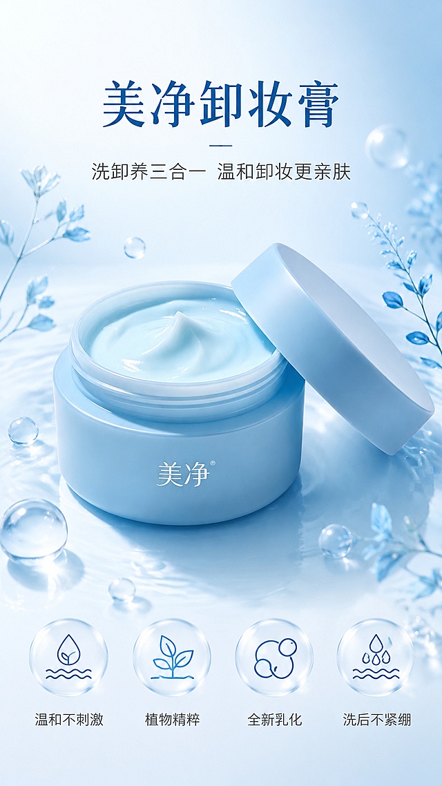 「图片1」「图片1」，生成一套详情页，商品名称为美净卸妆膏，产品特点是温和卸妆，洗卸养三合一，植物精粹，海洋因子，全新乳化技术，不紧绷不伤肤。整体色调呈蓝色，其中一张要有人拿着产品涂抹在脸上的画面。适配淘宝/天猫平台，单图比例为9:16，需求屏数为6张。