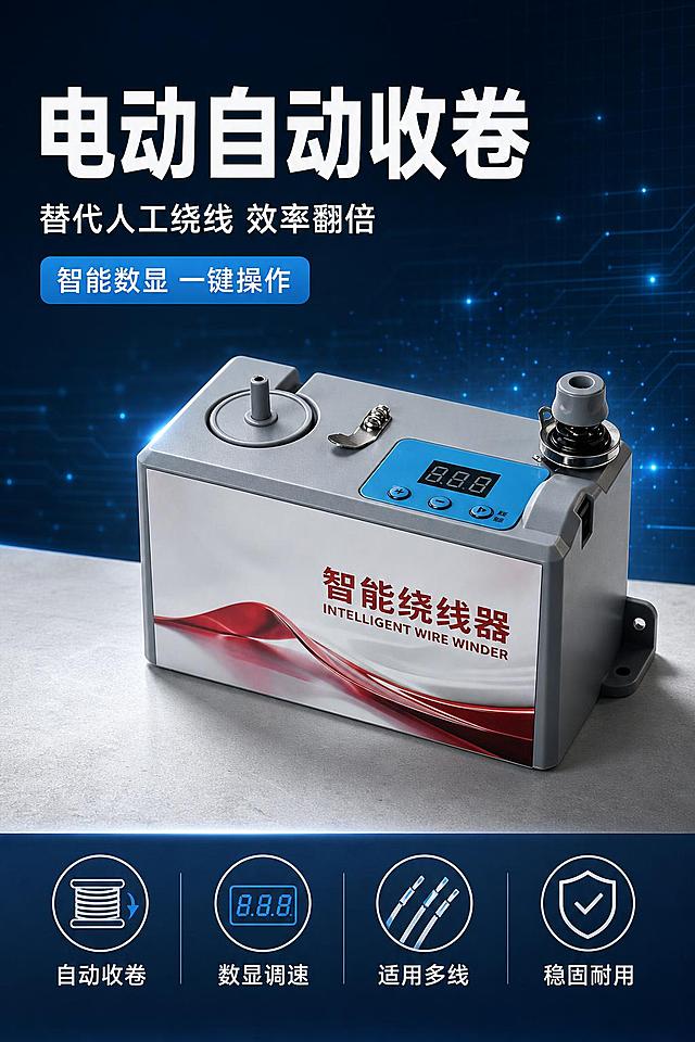 [第1张] 详情页头图-智能绕线器产品全貌主视觉海报。本张使用【图1】作为商品主体。
[氛围/风格] 工业科技感海报风，冷灰蓝配色，专业五金器械质感，商业摄影级画质。
[元素布局] 智能绕线器置于画面中右区域，呈45度斜侧视角，占比约55%；产品外观（灰色机身、蓝色数显面板、红色飘带贴纸、顶部收卷轴、金属夹扣、右侧出线接口、底部安装固定座）与输入产品图完全一致，杜绝变形和色差；左侧留标题区，底部为浅灰色工业台面，背景为深蓝灰色渐变带科技网格纹理和光效线条；产品周围点缀蓝色光效粒子增强科技感。
[光影质感] 左上方主光照明，产品顶部与左侧形成清晰高光，右侧辅光补光，底部投射自然柔和阴影；塑胶机身哑光质感细腻，金属夹扣与接口锐利高光，数显屏发出淡蓝色冷光，整体明亮通透有层次。
[配色色系] 全局底色 #2C3E50 深蓝灰渐变；主色科技蓝 #3498DB；辅助色浅灰 #ECF0F1、点缀橙红 #E74C3C。
[视角构图] 45度斜侧平视，产品为视觉中心，阅读动线左上标题 → 中部产品 → 底部卖点条。
[文字版式] 左上主标题「电动自动收卷」超大粗黑体白色，副标题「替代人工绕线 效率翻倍」白色中号字；主标题下方蓝色圆角标签写「智能数显 一键操作」白字；底部通栏深蓝底，4组图标+文字横排：「自动收卷」「数显调速」「适用多线」「稳固耐用」，白字清晰可读，不遮挡产品主体。
[比例分辨率] 3:4 竖版比例，2K 分辨率，文字清晰可辨，高清画质。
[负向提示词] 变形，水印，文字错乱，文字过小，缺件错件，结构错误，颜色偏差，产品图模糊，背景杂乱，电商平台Logo
