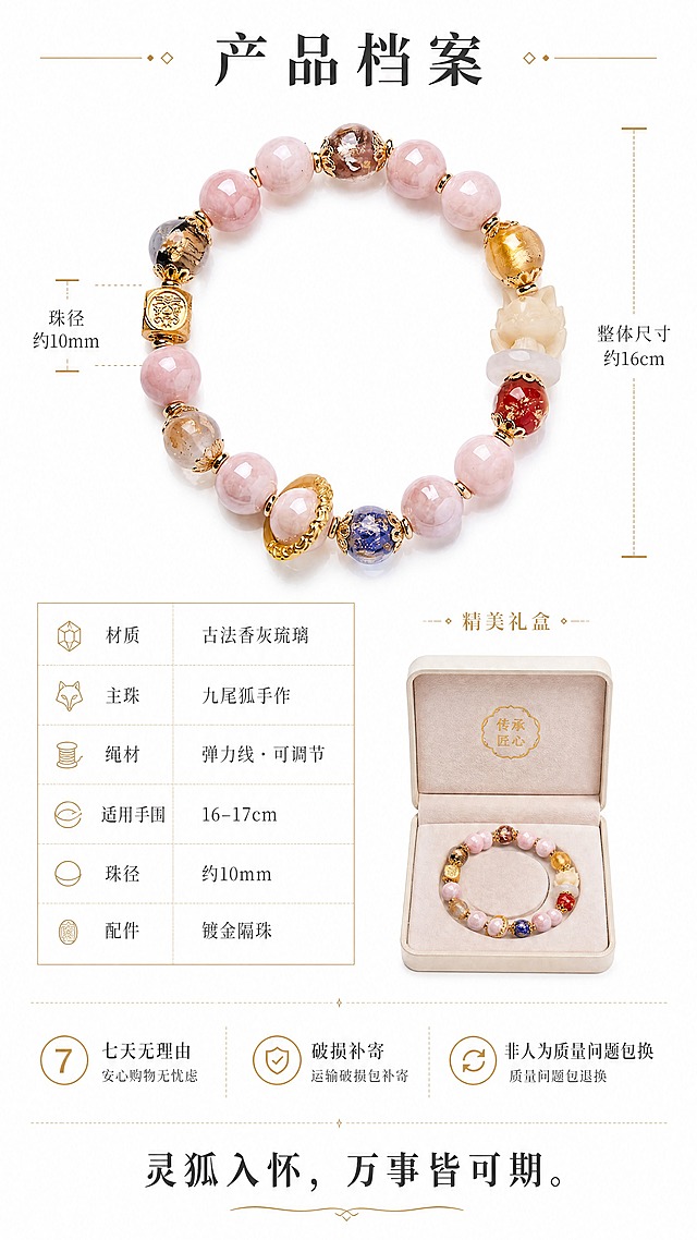 [商品] 使用【图1】九尾狐香灰琉璃手串；完整保留手串全貌、各珠颜色材质排列顺序、九尾狐主珠位置、镀金配件细节、整体尺寸比例；商品处理：平铺展示时珠体排列整齐自然，琉璃通透有光泽，镀金件质感温润，整体干净无瑕疵。
[画面] 页面目标为产品档案与信任收口，干净克制可信度高。纯白底信息图排版。画面上方平铺手串全貌，呈自然圆形展开，占画面约35%，手串两侧配尺寸标注线标注珠径和整体尺寸。手串下方左侧为参数表区域，右侧为礼盒开箱小图（礼盒打开，手串置于盒内丝绒托上的小图示意）。画面底部为服务承诺与收尾文案区域。整体信息层级清晰，三层以上信息结构。
[视觉] 套系策略：风格=新中式东方美学高级商业摄影；标题字=宋体衬线粗体；正文字=纤细宋体；主色=纯白色；背景延展=纯白干净背景，无多余纹理；强调色=香槟金，仅用于尺寸标注线、参数分隔线和小面积图标；标题色=深炭灰；正文色=中暖灰；组件=尺寸标注线、参数表格、细分割线、礼盒小图；光影=均匀正顶光，无影纯白底，产品清晰锐利。
[文字] 画面顶部横排标题「产品档案」。标题下方手串平铺图配尺寸标注线。左侧参数表横排列出：材质 古法香灰琉璃 / 主珠 九尾狐手作 / 绳材 弹力线·可调节 / 适用手围 16–17cm / 珠径 约10mm / 配件 镀金隔珠。右侧礼盒小图上方标注「精美礼盒」。画面中部横排服务承诺：「七天无理由 / 破损补寄 / 非人为质量问题包换」。画面最底部收尾文案「灵狐入怀，万事皆可期。」所有文字均为横排，层级分明，手机端清晰可读。
[规格] 图片比例9:16竖版，4K分辨率，避免变形、错字、文字过小、背景不纯、手串排列混乱、参数信息模糊。
