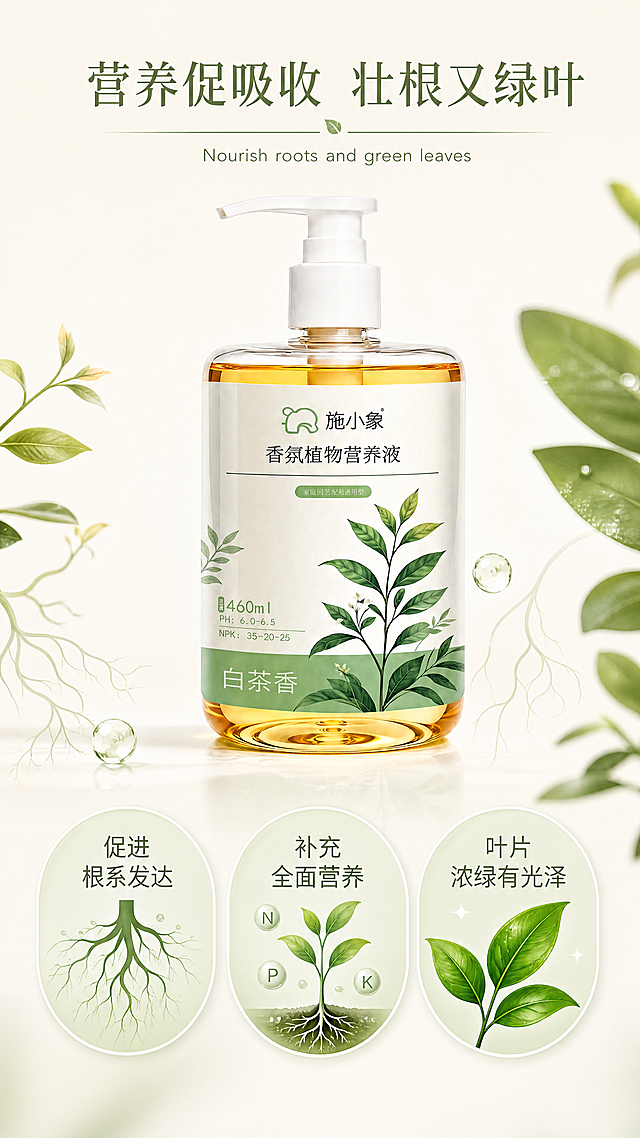 「图片1」参考图片风格，「图片1」上传您的商品图，生成1套详情页，用图2中的产品生成一张图一效果的爆款详情页，分10屏生成，详情页分屏上面的文案用下面:"1，颜值高
2、香味
3、不招蚊虫
4、使用场景：办公室、客厅、卧室、商场商店
5、人群：孕妇、家里有儿童
6、装根叶绿"这6个主题衍生扩写,并且颜色搭配用图一的，中英文结合，元素装饰也用类似图一的，首屏除外，首屏背景可以用类似图一首屏浅蓝色天空，流动的琥珀色营养液液体质感前后环绕营养液产品，分屏分别由产品中的液体展示、人物使用场景、植物使用过后的效果展示，对应主题痛点展示等组成，ins高级简约大气设计感强烈一点，视觉效果拉满，配色用米白+浅绿，不要改变产品外观形象