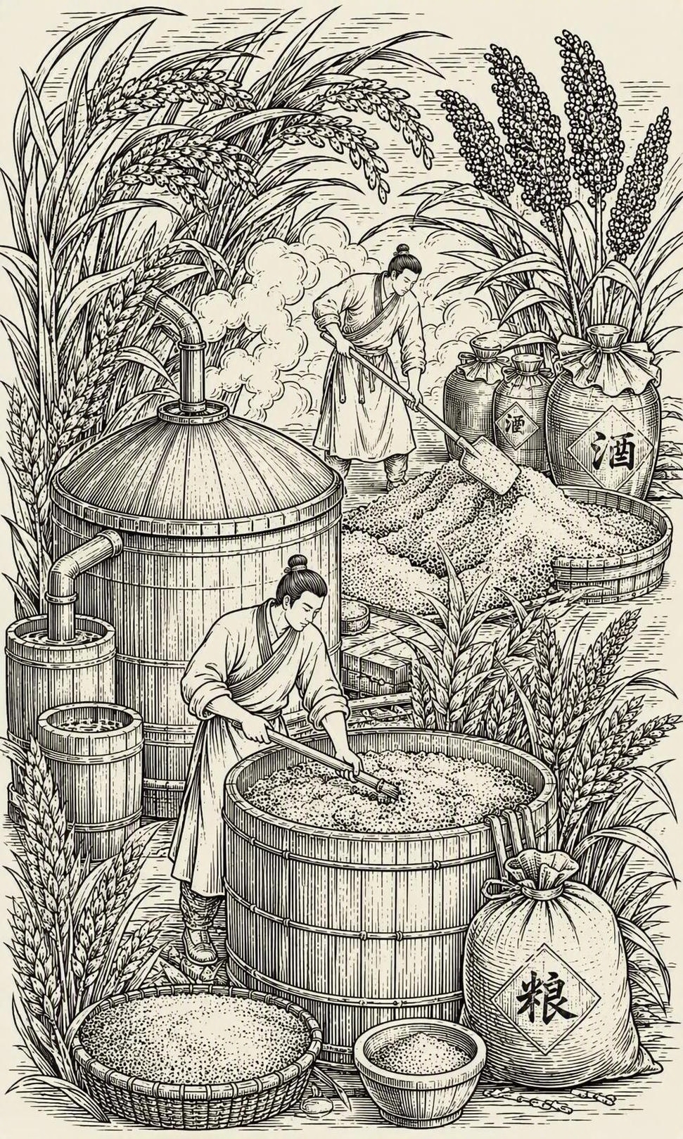 参考图中的黑白线描版画风格，重新生成一幅中国传统酿酒工艺主题的… - 图片创意预览
