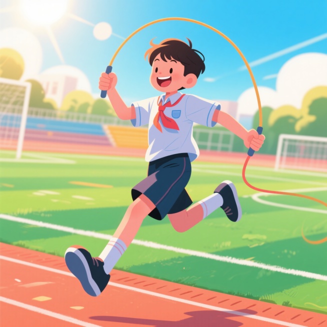 画面中是一个穿着校服的高年级学生正在跳绳，动作舒展，表情愉悦，背景为阳光照耀下的操场，整体氛围充满青春活力预览效果