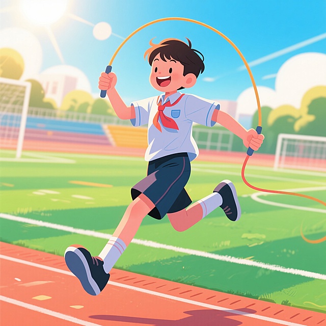卡通感插画风，清新明亮色彩，少年跃动跳绳，充满励志气息，轻拟物设计，阳光操场背景，传递活力与希望。