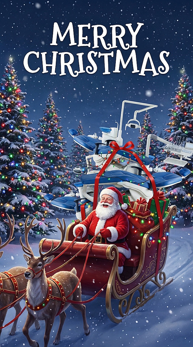 生成一张圣诞节图片，圣诞老人驾着驯鹿车，拉着图片中的牙科治疗椅，驯鹿车上有好几台这种机器，顶部文字是英文的 Merry Christams