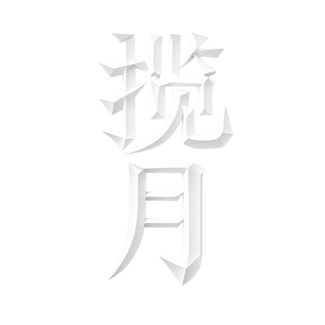 参考参考图的白色立体折纸风格，设计文字“揽月”，上下排版，整体为白色立体效果，白色背景，保持相同设计风格预览效果